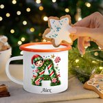 Personalized Cute Elf and Candy Style Initial 12 oz Enamel Mug with Name Home Decoration Christmas Gift for Boys Girls