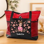 Personalized Birth Flower Cartoon Character Large Oxford Tote Bag with Mesh Pocket and Name Travel Birthday Gift for Women