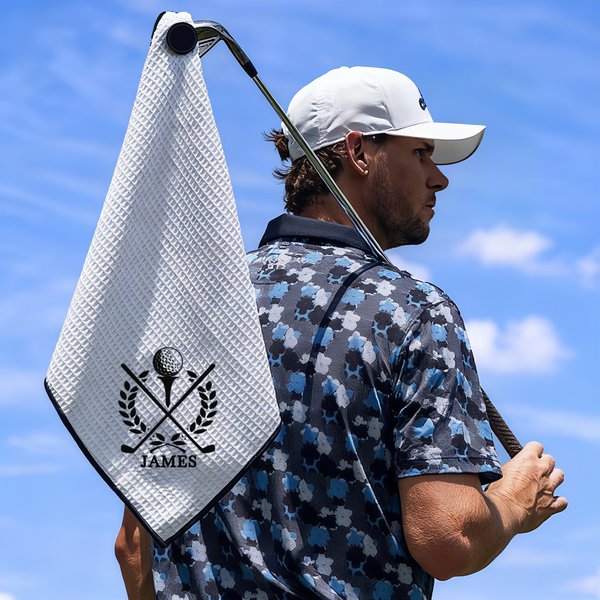 Personalized Embroidered Golf Club Pattern Waffle Golf Towel with Name and Hanging Clip Sports Accessories Birthday Gift for Golf Players Lovers