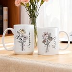 Personalized Birth Flower Bouquet 11 oz 15 oz Ceramic Coffee Mug with Name Daily Use Birthday Christmas Gift for Family Friend