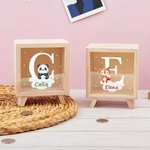 Hucha de madera transparente personalizada con animales del bosque nombre e iniciales regalo de cumpleaños y Día del Niño para niños y niñas