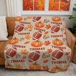 Personalized Football Autumn Pumpkin Maple Leaf Soft Throw Blanket with Names Home Decor Birthday Thanksgiving Day Gift for Football Lovers Family