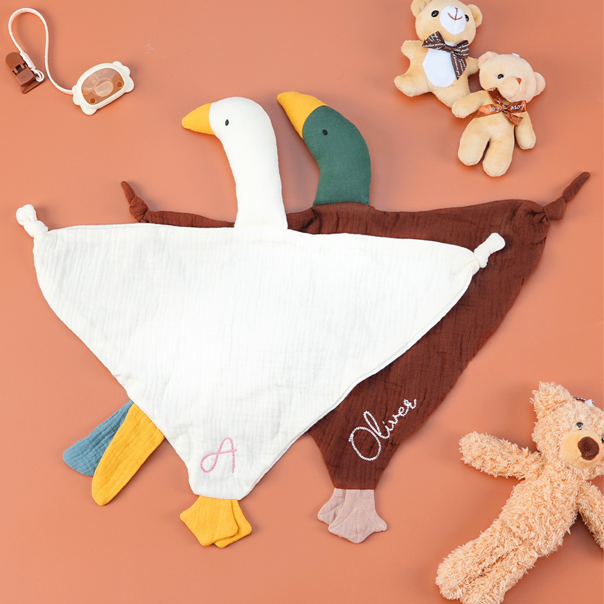 Couverture de sécurité pour bébé personnalisée avec nom brodé Canard colvert Oie 100% coton Cadeau d'anniversaire Cadeau de douche pour nouveau-né Nouvelle maman