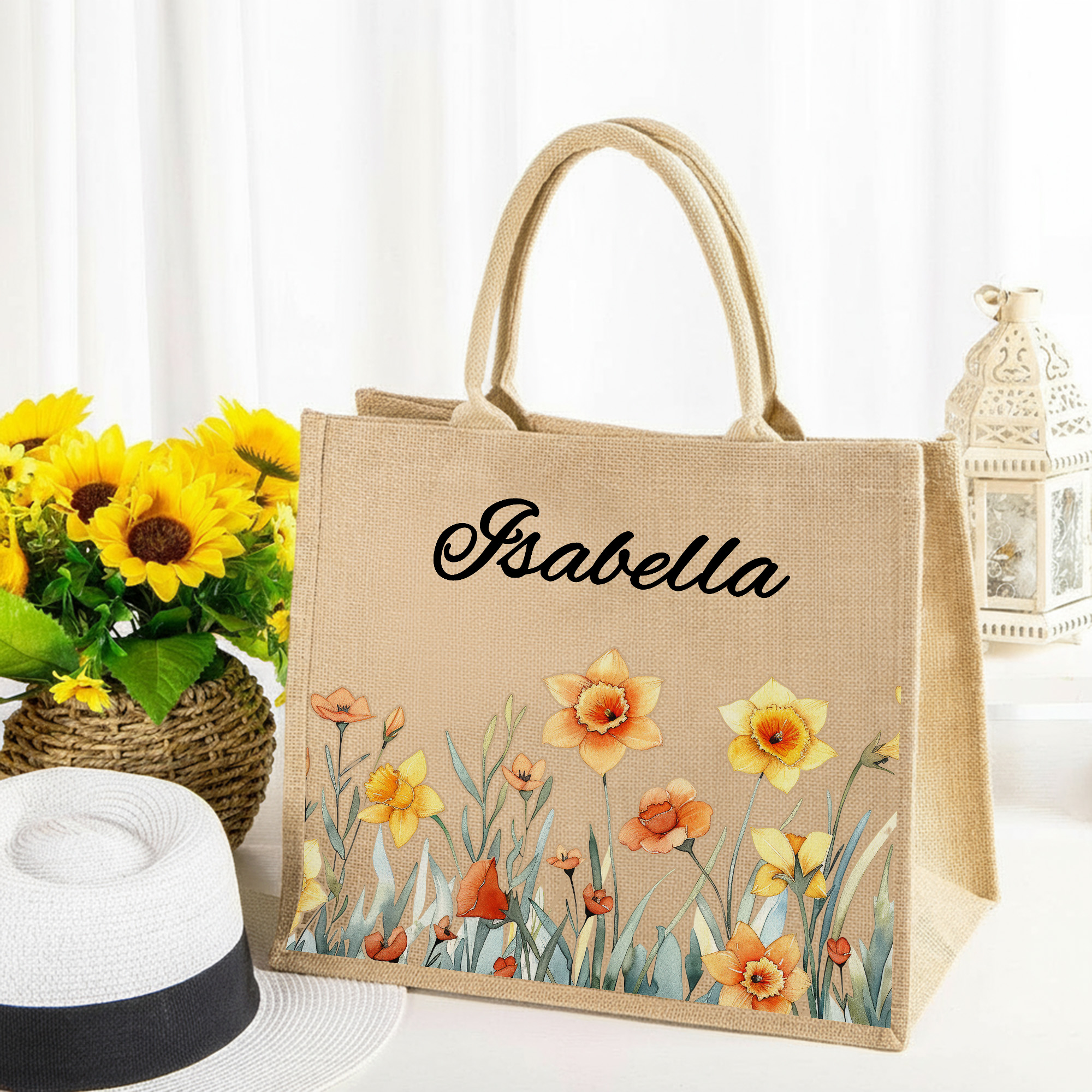 Grand Sac Cabas en Toile de Jute Personnalisé avec Fleur de Naissance et Nom Cadeau d’Anniversaire pour Femme