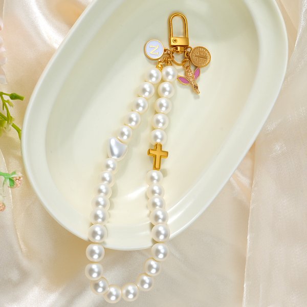 Personalized Angel Cross Initial Pearl Keychain Prayer Christmas Gift for Christians
