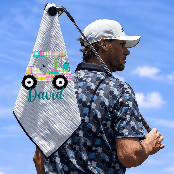 Personalized Colourful Golf Cart Waffle Golf Towel with Name and Hanging Clip Sports Accessories Birthday Gift for Golf Players