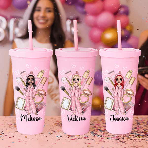 Personalized Cartoon Pajama Girl Name 24 oz Plastic Water Bottle with Straw Pajama Party Bridesmaid Birthday Gift for Women
