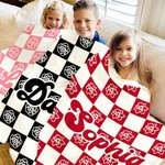 Personalized Birth Flower Checkerboard Pattern Soft Throw Blanket Home Decor Christmas Birthday Gift for Women Kids