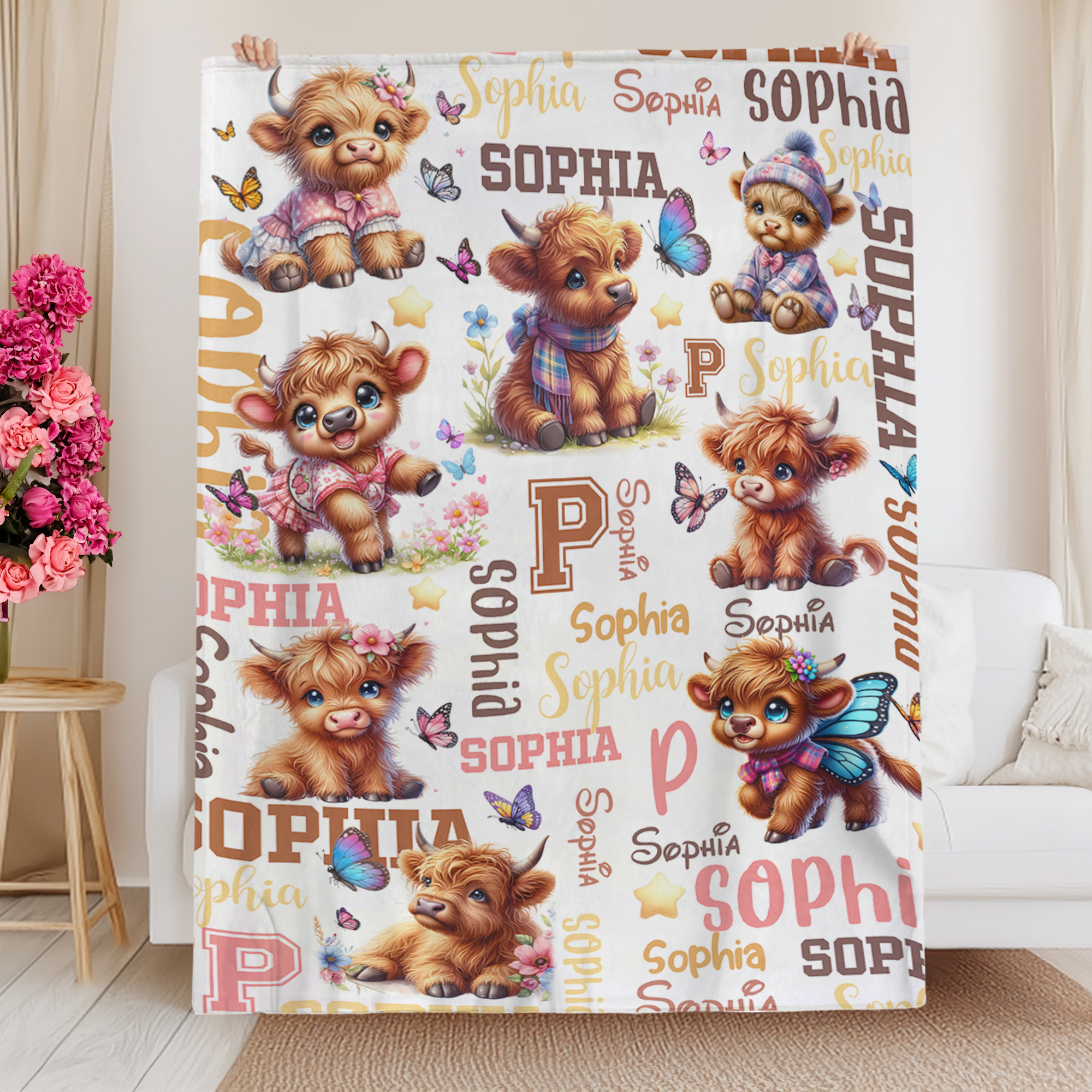 Plaid personnalisé floral Highland Cow Butterfly Star avec nom et initiale Home Decor Baby Shower Birthday Gift for Kids Babies