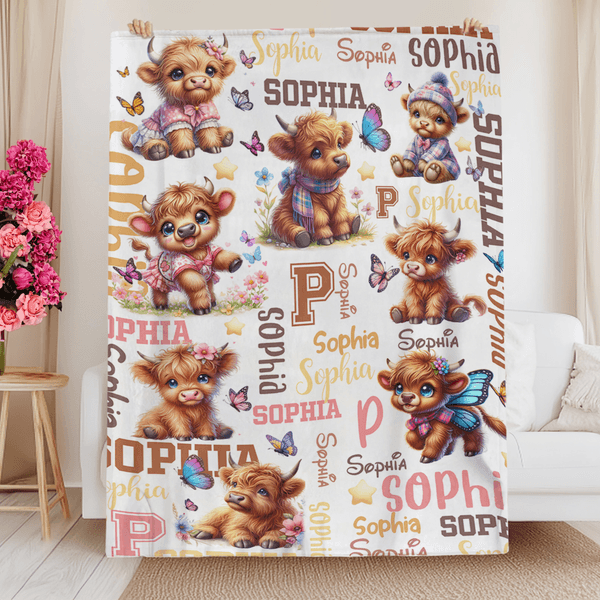 Personalized Floral Highland Cow Butterfly Star Soft Throw Blanket with Name and Initial Home Decor Baby Shower Birthday Gift for Kids Babies