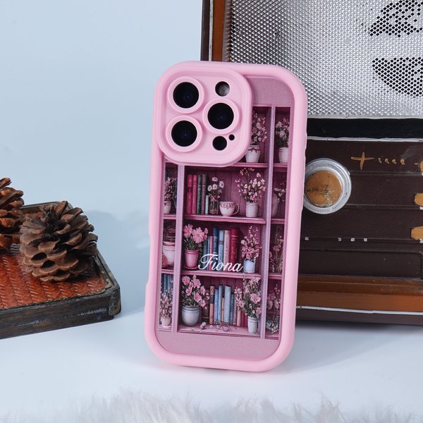 Personalised Pink Bookshelf Floral Shockproof Phone Case with Name for iPhone Birthday Christmas Gift for Book Lover Bookworm
