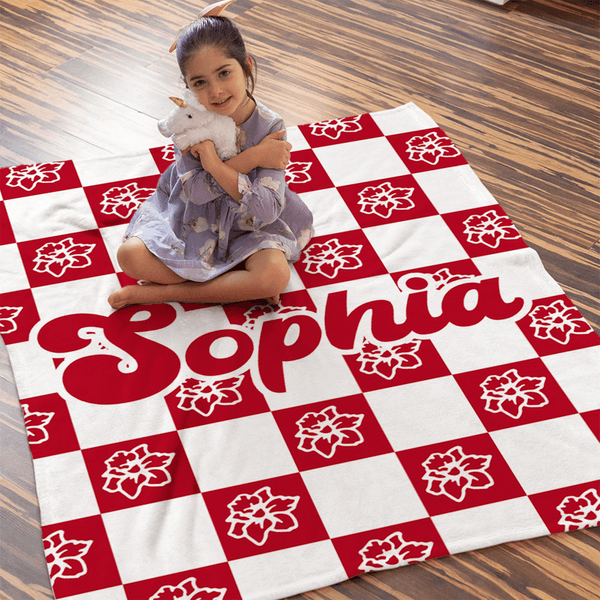 Personalized Birth Flower Checkerboard Pattern Soft Throw Blanket Home Decor Christmas Birthday Gift for Women Kids