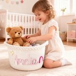 Personalized Rainbow Flower Cotton Woven Storage Basket with Name Holiday Birthday Baby Shower Gift for Baby Kid