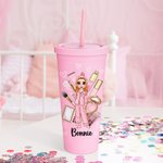 Gepersonaliseerde Cartoon Pajama Meisje Naam 24 oz Plastic Waterfles met Rietje Pajama Party Bruidsmeisje Verjaardagscadeau voor vrouwen