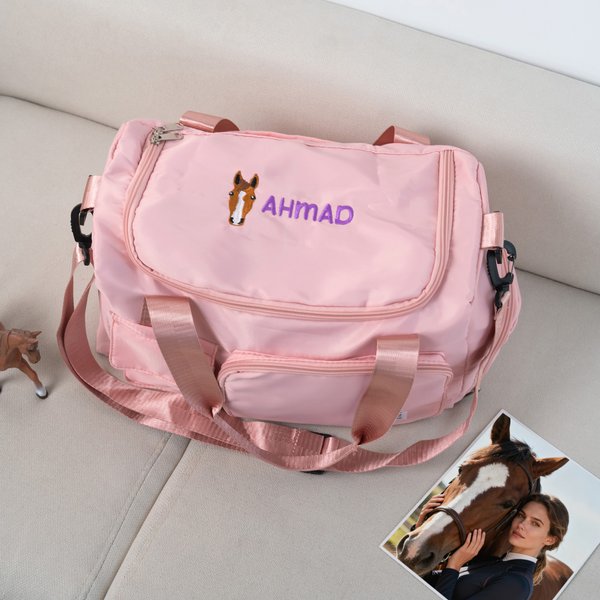 Personalised Multi-Compartment Embroidered Horse Face Waterproof Travel Bag with Name and Shoulder Strap Equestrian Game Day Gift for Horse Lovers