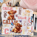 Personalized Floral Highland Cow Butterfly Star Soft Throw Blanket with Name and Initial Home Decor Baby Shower Birthday Gift for Kids Babies