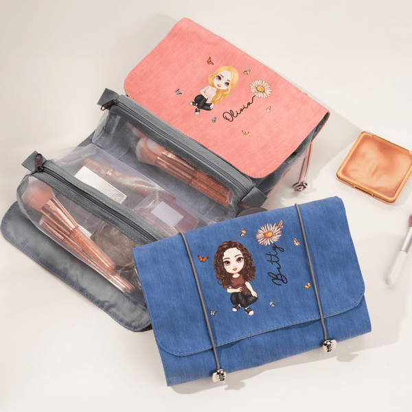 Personalized Birth Flower Cartoon Character Makeup Bag with Name Travel Essentials Wedding Party Birthday Gift for Women