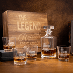 Personalized The Legend Has Retired Whiskey Decanter Glass Wooden Box Set with Date and Name Retirement Christmas Gift for Men