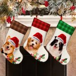 Personalized Santa Hat Plaid Oil Painting Photo Candy Christmas Stocking with Name Christmas Decor Party Gift for Pet Lovers