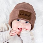 Personalized Multicolour Soft Warm Beanie Hat with Name and PU Leather Patch Daily Accessories Birthday Baby Shower Gift for Baby Toddler