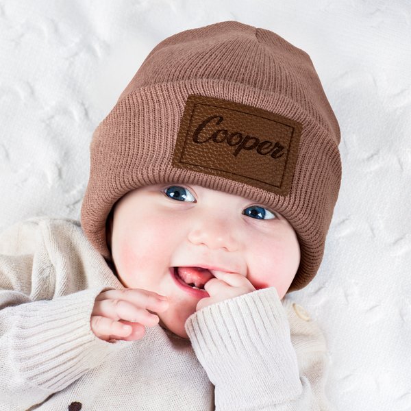 Personalized Multicolour Soft Warm Beanie Hat with Name and PU Leather Patch Daily Accessories Birthday Baby Shower Gift for Baby Toddler