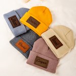 Personalized Multicolour Soft Warm Beanie Hat with Name and PU Leather Patch Daily Accessories Birthday Baby Shower Gift for Baby Toddler