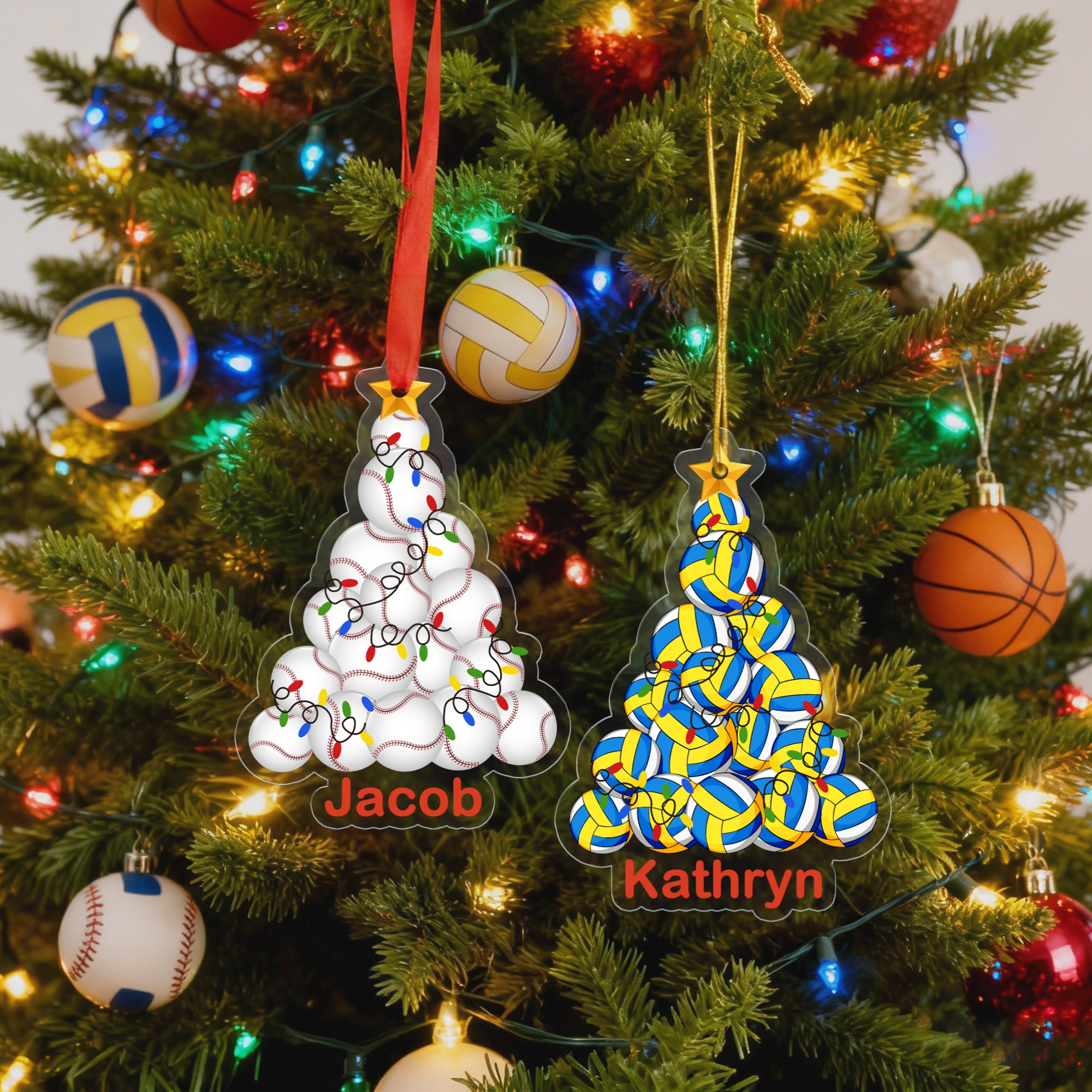 Ornement de Noël personnalisé Baseball Basketball avec nom Décoration de la maison Cadeau de Noël pour enfant Amoureux du sport