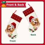 Personalized Santa Hat Plaid Oil Painting Photo Candy Christmas Stocking with Name Christmas Decor Party Gift for Pet Lovers