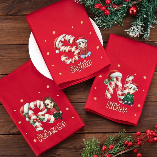 Personalisierte Wiederverwendbare Serviette aus 100 % Baumwolle mit Initiale Cartoon-Figur und Namen Tischdeko Weihnachtsgeschenk für Familie Freund