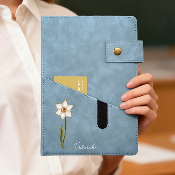 Personalized Birth Flower Name PU Leather A5 Notebook with Storage Pocket and Lined Pages Office Supplies Birthday Gift for Friend Family