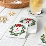 Personalized Christmas Wreath Initial Ceramic Square Coaster with Name Holiday Party Table Decor Christmas Gift for Kids Family