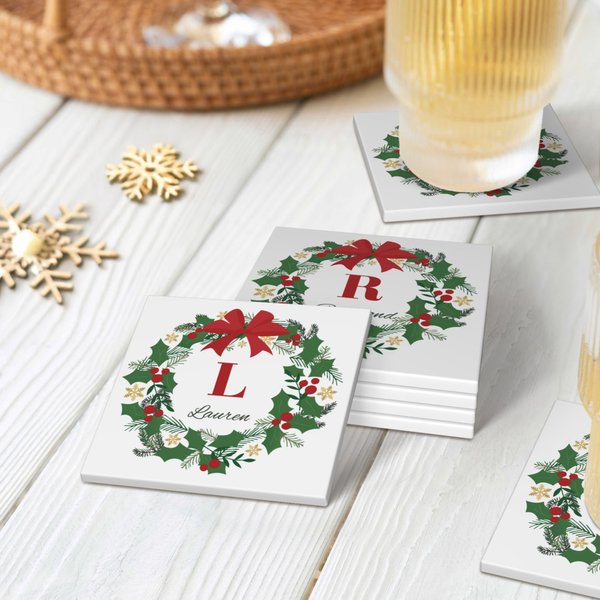 Personalized Christmas Wreath Initial Ceramic Square Coaster with Name Holiday Party Table Decor Christmas Gift for Kids Family