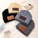 Personalized Multicolour Soft Warm Beanie Hat with Name and PU Leather Patch Daily Accessories Birthday Baby Shower Gift for Baby Toddler
