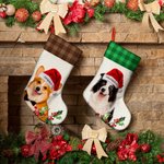 Personalized Santa Hat Plaid Oil Painting Photo Candy Christmas Stocking with Name Christmas Decor Party Gift for Pet Lovers