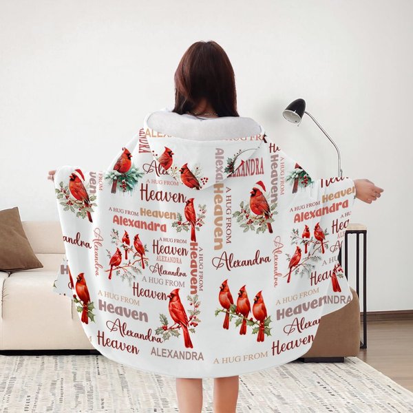 Personalised A Hug from Heaven Cardinal Soft Hooded Blanket with Name Memory Gift Christmas Gift for Family