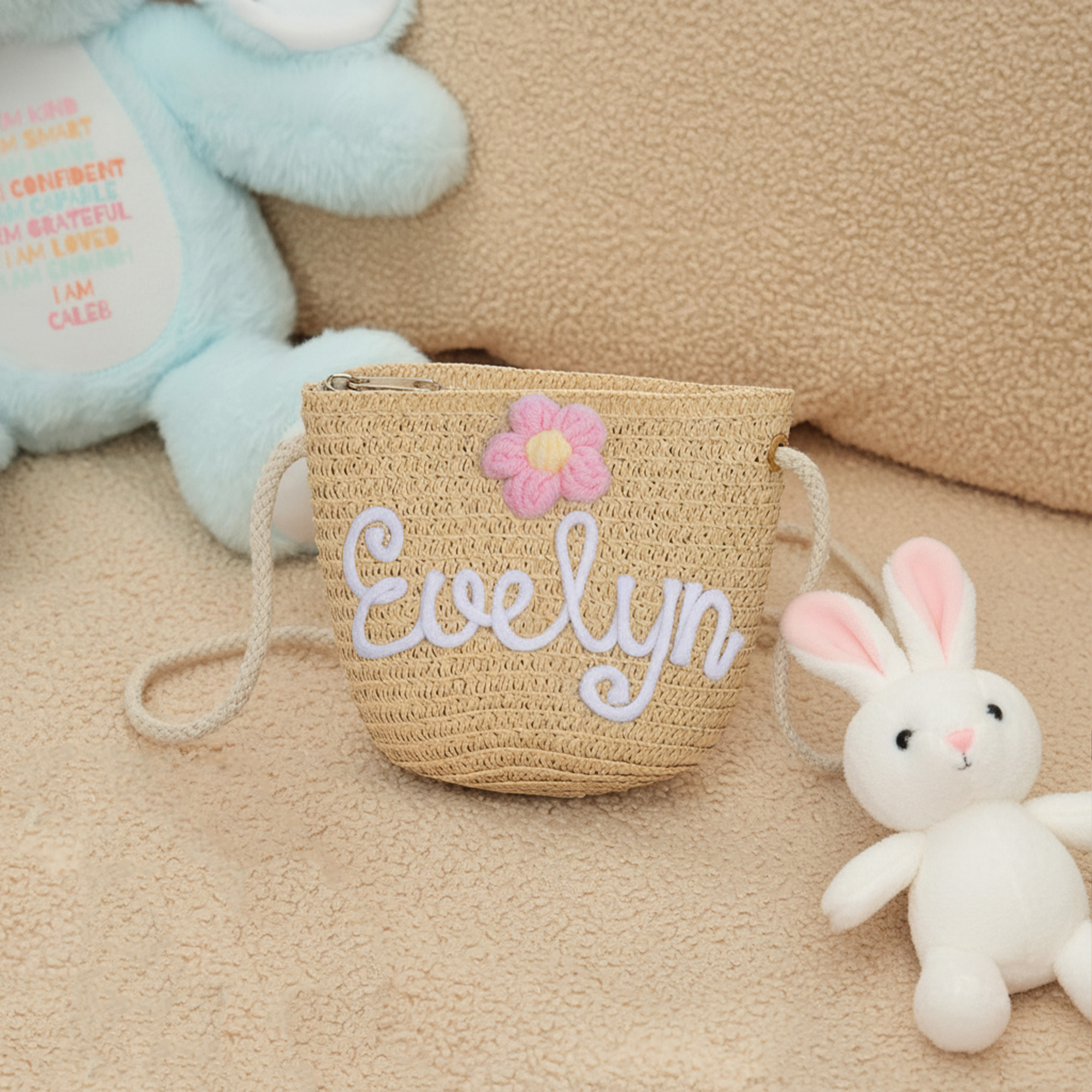 Sac de paille réglable avec Nom Anniversaire Mariage Noël Cadeau pour Bambin Fleurs Filles Enfants