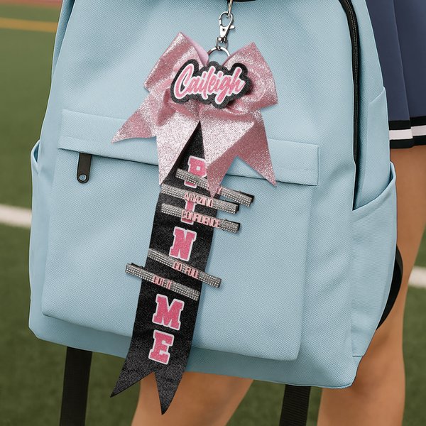 Personalized Glitter Bow Keychain Pin Holder Backpack Name Tag with 5 Pins Travel Accessories Daily Use Birthday Gift for Cheerleaders Teammates