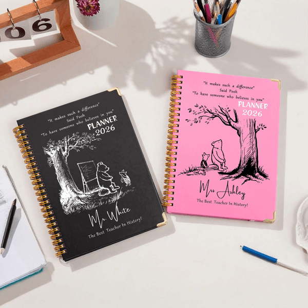 Personalized Classic Winnie the Pooh 2026 Planner Spiral A5 Notebook with Text Title and Surname End of School Appreciation Gift for Teacher