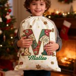 Sacco di tela personalizzato con iniziale e nome design natalizio fiocco di neve bomboniere per vigilia di Natale regalo per bambini