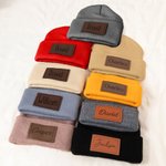 Personalized Multicolour Soft Warm Beanie Hat with Name and PU Leather Patch Daily Accessories Birthday Baby Shower Gift for Baby Toddler