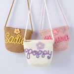 Personlig Boho Blomma Justerbar Straw Crossbody Väska med garn Namn Födelsedag Bröllop Julklapp för småbarn Blomma Flickor Barn
