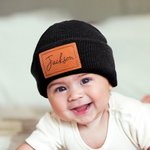 Personalized Multicolour Soft Warm Beanie Hat with Name and PU Leather Patch Daily Accessories Birthday Baby Shower Gift for Baby Toddler
