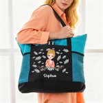Personalized Birth Flower Cartoon Character Large Oxford Tote Bag with Mesh Pocket and Name Travel Birthday Gift for Women