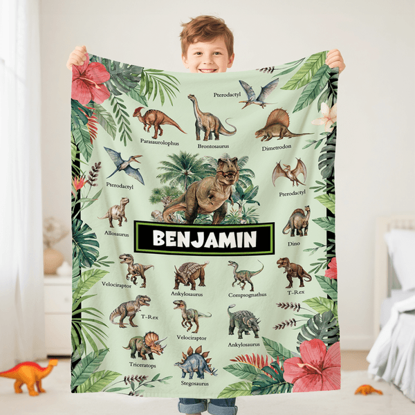 Personalized Floral Jungle Volcano Dinosaur Themed Soft Throw Blanket with Name Christmas Birthday Gift for Kids Dinosaur Lovers