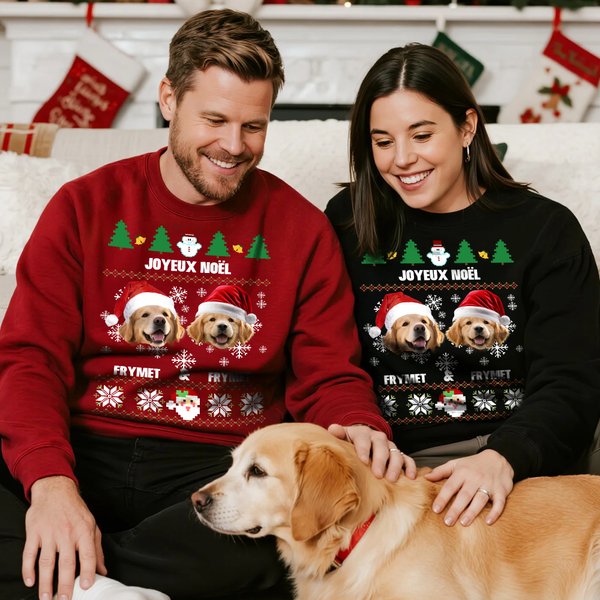 Sweat-shirt Multicolore Personnalisé avec 1-2 Photos du Visage de l'Animal et Noms Cadeau de Noël pour les Propriétaires d'Animaux de Compagnie