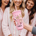 Gepersonaliseerde Cartoon Pajama Meisje Naam 24 oz Plastic Waterfles met Rietje Pajama Party Bruidsmeisje Verjaardagscadeau voor vrouwen