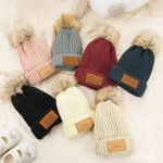 Personalised Multicolour Soft Pom-Poms Beanie Hat with Name Leather Patch from 2 Months to 5 Years Winter Daily Wear Baby Shower Gift for Baby Toddler