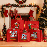 Personalized Christmas Tree Snowman Elf Gingerbread House Initial Large Red Linen Tote Bag with Name Christmas Party Favor Gift for Family Friends