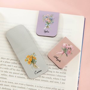 Marque-page Magnétique en Cuir PU Personnalisé avec Bouquet de Fleurs de Naissance et Nom Cadeau d’Anniversaire pour Amoureux des Livres