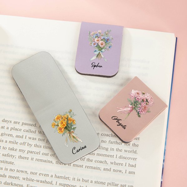 Personalised Birth Flower Multicolour Magnetic PU Leather Bookmark Clip with Name Daily Use Birthday Gift for Book Lovers